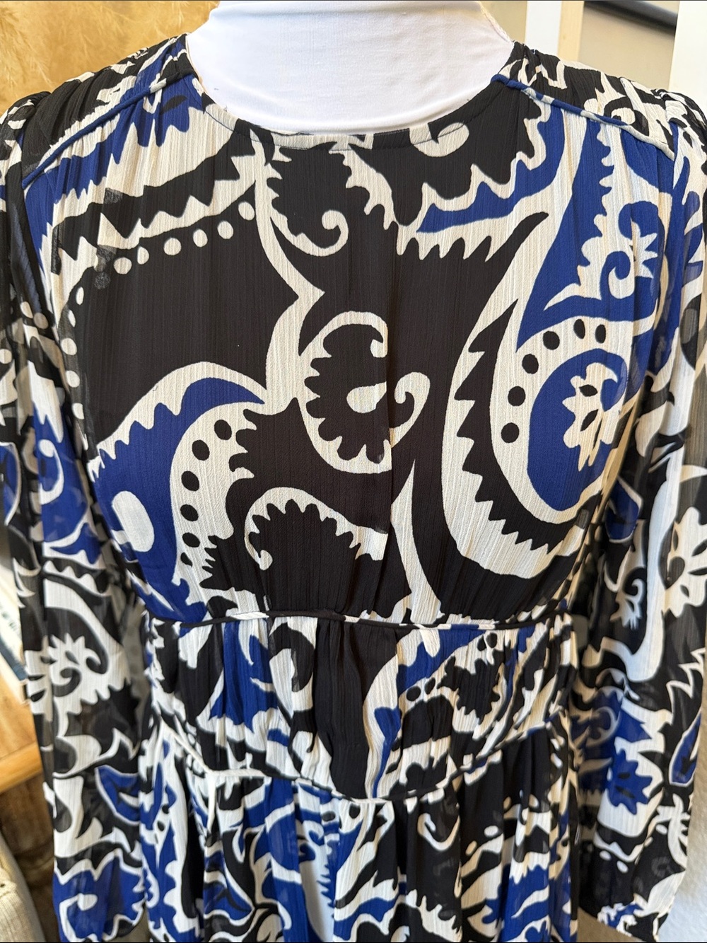 LOFT Paisley Flounce Midi Dress Blue Black Sheer Long Sleeve Boho Size 4 - Picture 3 of 8
